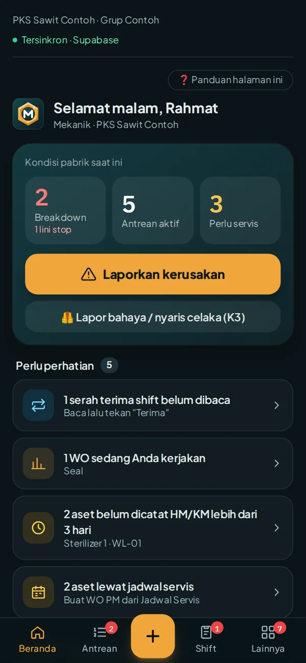 Beranda MILLREX di HP mekanik dengan tombol Laporkan kerusakan dan menu bawah